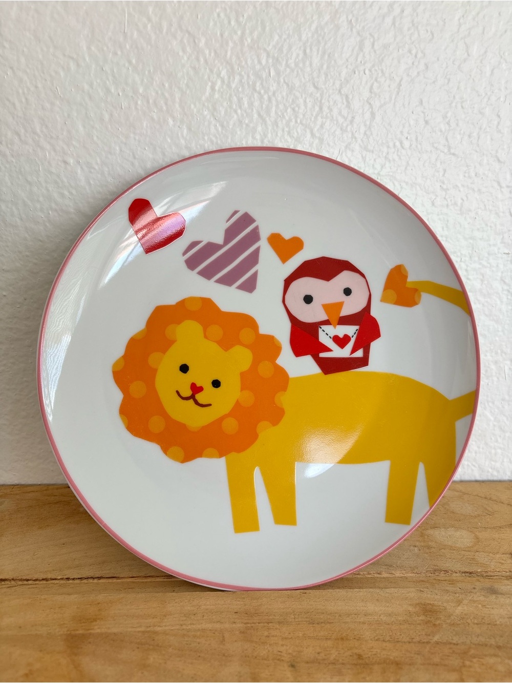 Pottery Barn Kids Valentine Lion Owl Ceramic Plate Kids Salad Dessert Dish Vtg